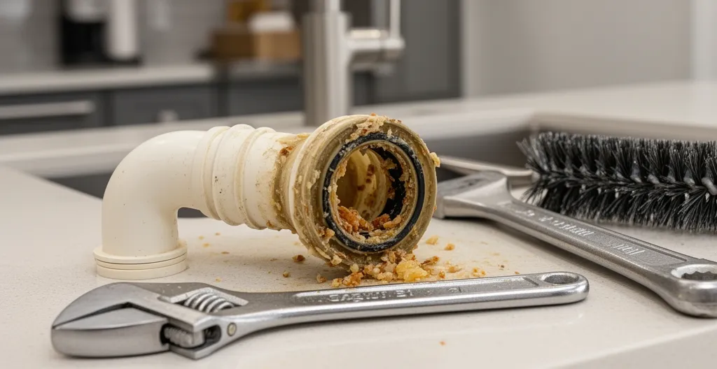 Siphon de cuisine démonté sur plan de travail montrant accumulation de graisse et débris alimentaires