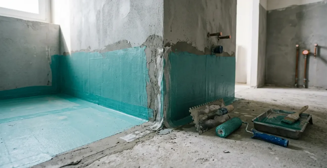 Système d'étanchéité sous carrelage avec application de membrane liquide dans une douche