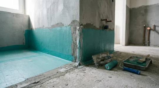 Système d'étanchéité sous carrelage avec application de membrane liquide dans une douche