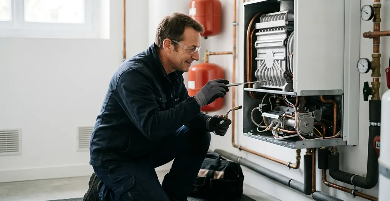 Technicien professionnel effectuant l'entretien annuel d'une chaudière murale dans une chaufferie