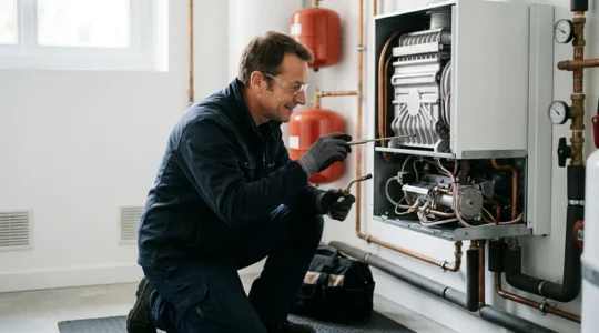 Technicien professionnel effectuant l'entretien annuel d'une chaudière murale dans une chaufferie