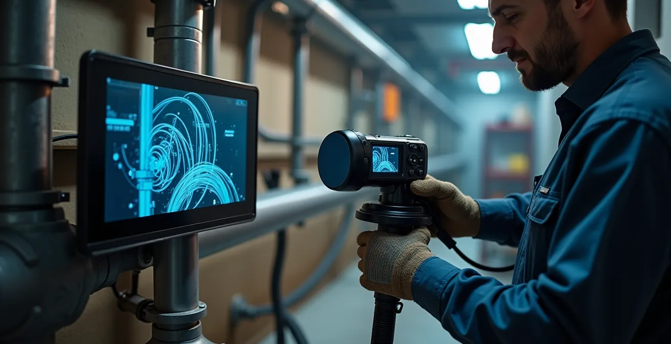 Professionnel utilisant une caméra d'inspection pour visualiser l'intérieur d'une canalisation après hydrocurage