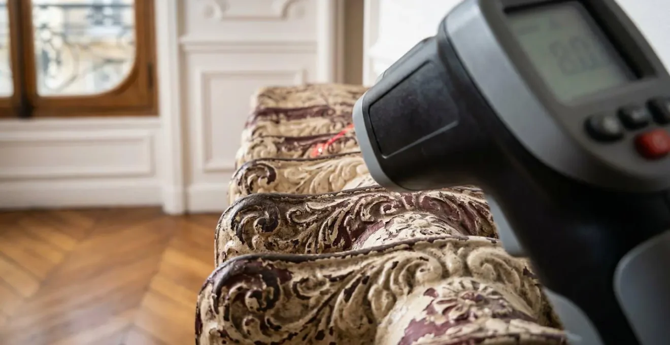 Thermomètre infrarouge mesurant la température d'un radiateur en fonte ancien dans un salon français typique