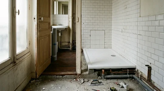 Vue réaliste d'une salle de bain française avec une douche extra-plate montrant les contraintes techniques de la rénovation