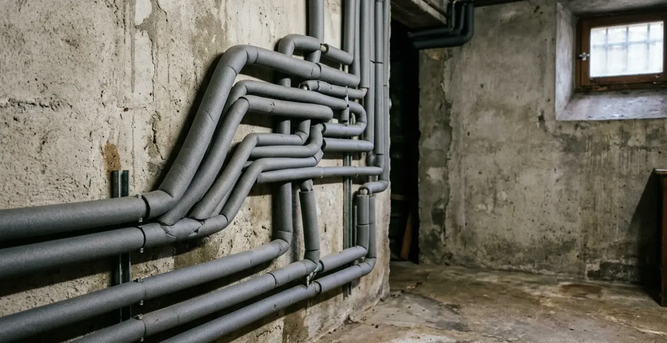 Tuyaux de chauffage avec manchons isolants dans une cave française
