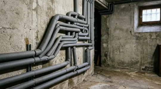 Tuyaux de chauffage avec manchons isolants dans une cave française