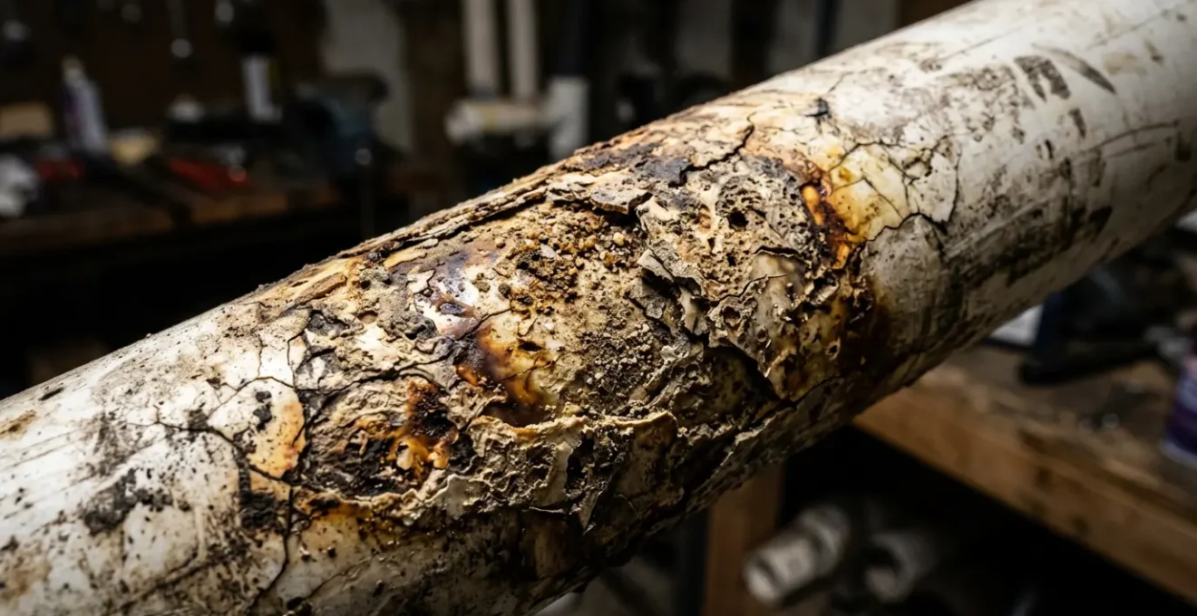 Vue rapprochée de tuyaux en PVC endommagés par des produits chimiques dans une installation de plomberie française