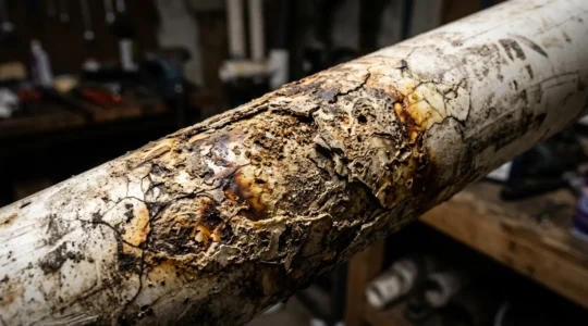 Vue rapprochée de tuyaux en PVC endommagés par des produits chimiques dans une installation de plomberie française