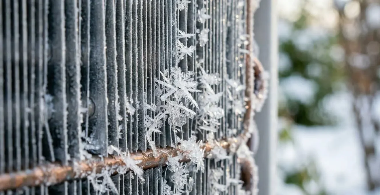 Gros plan sur une unité extérieure de pompe à chaleur avec givre en hiver