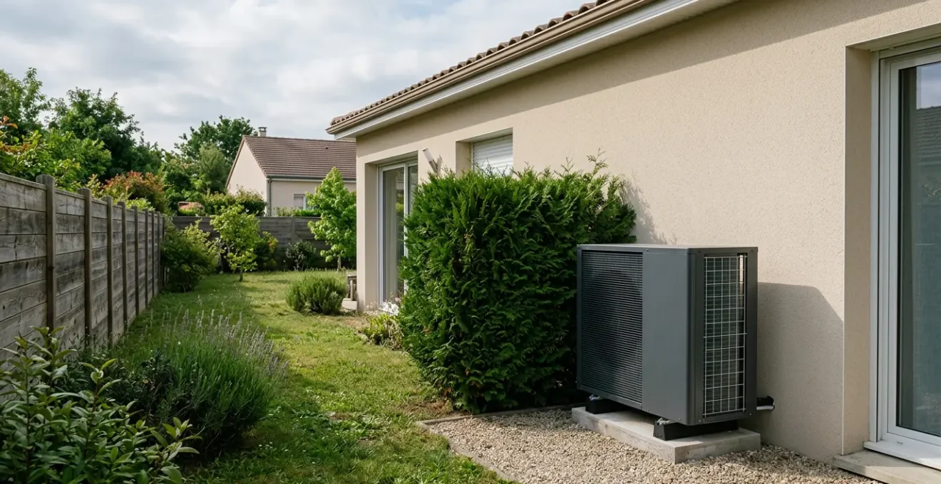 Unité extérieure d'une pompe à chaleur dans un jardin résidentiel français avec haie naturelle