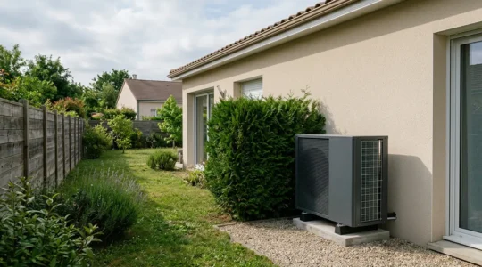 Unité extérieure d'une pompe à chaleur dans un jardin résidentiel français avec haie naturelle