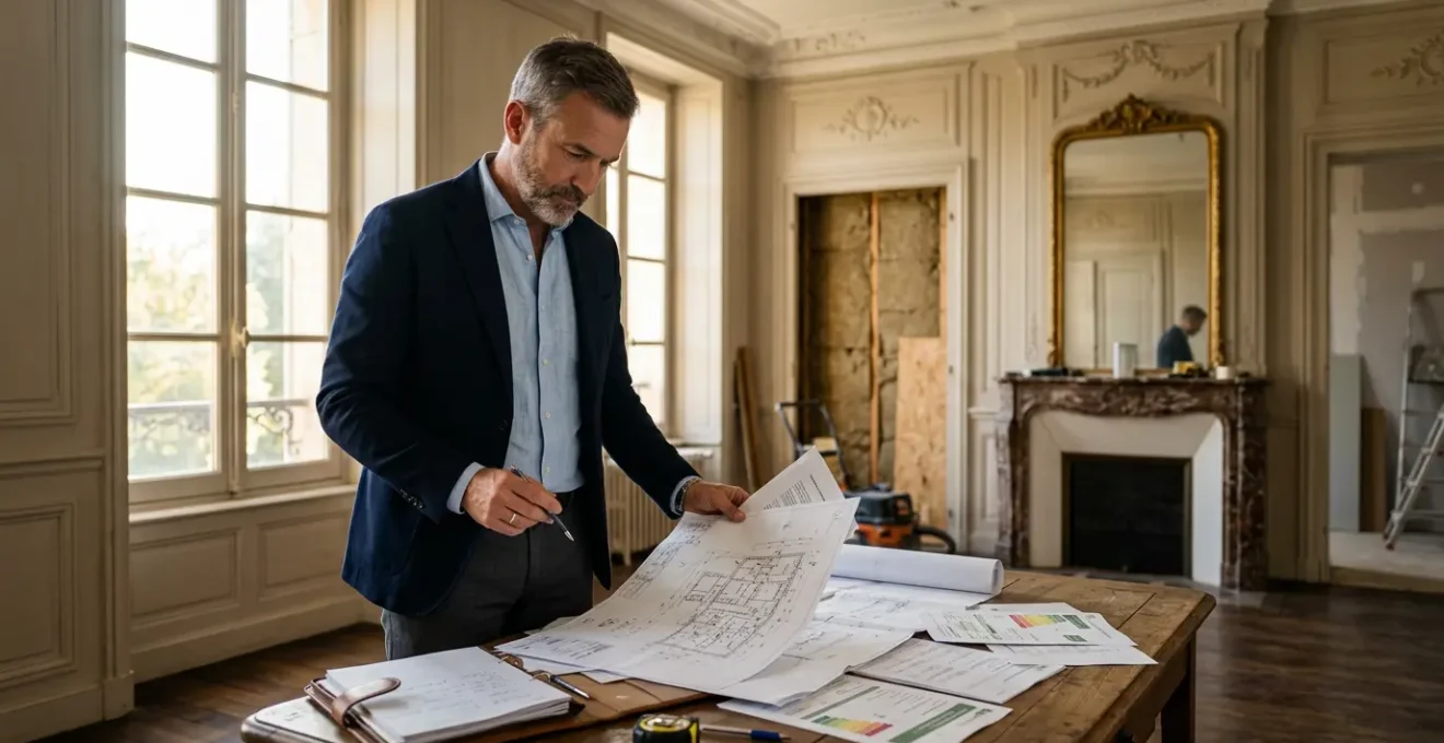 Vendeur consultant des documents d'audit énergétique dans une maison ancienne