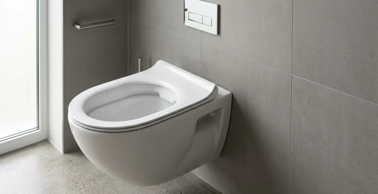 Cuvette de WC suspendu sans bride avec système rimless visible dans une salle de bain moderne