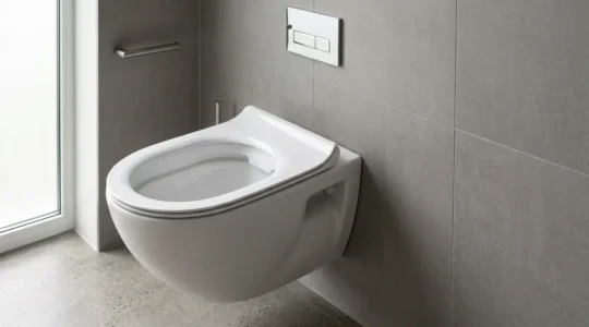 Cuvette de WC suspendu sans bride avec système rimless visible dans une salle de bain moderne