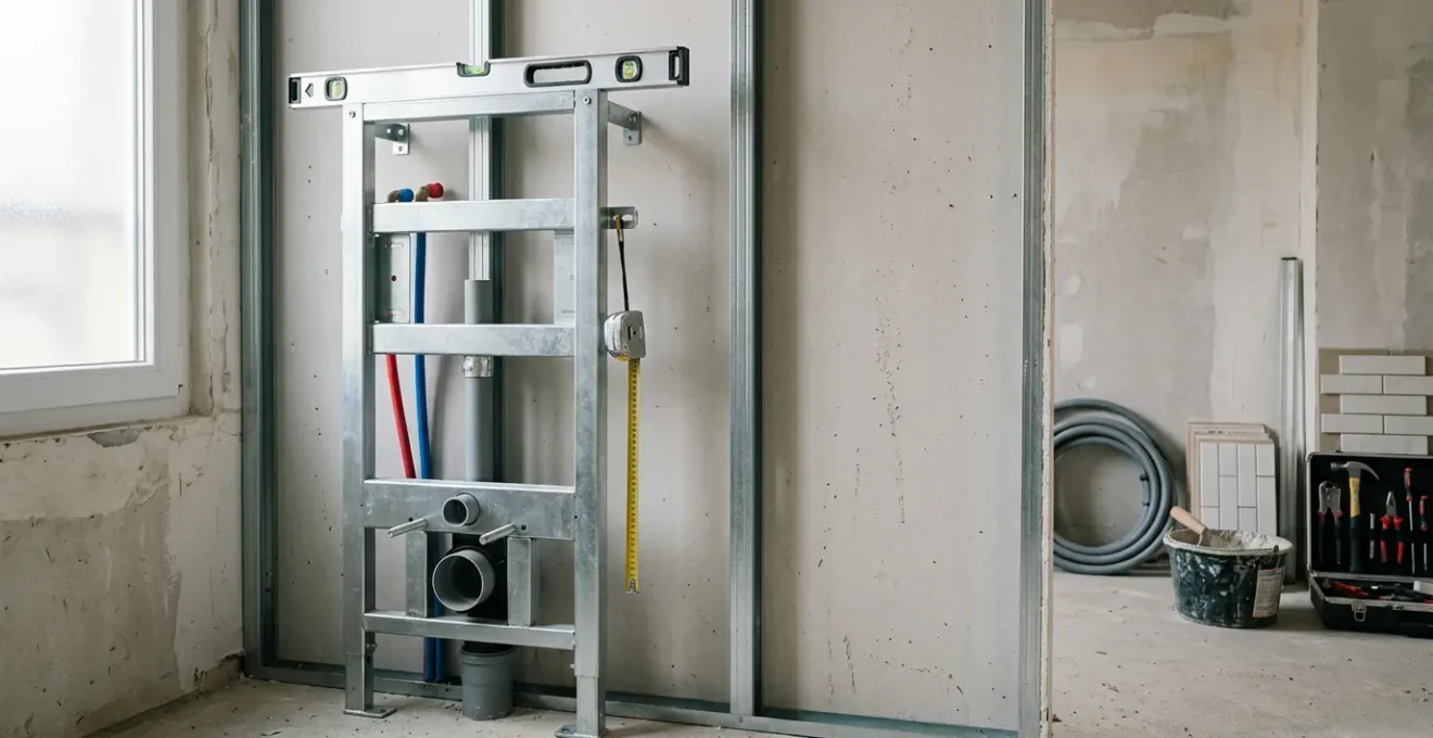 Installation professionnelle d'un bâti-support pour WC suspendu dans un mur en placo avec renfort métallique