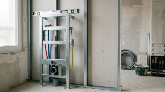 Installation professionnelle d'un bâti-support pour WC suspendu dans un mur en placo avec renfort métallique