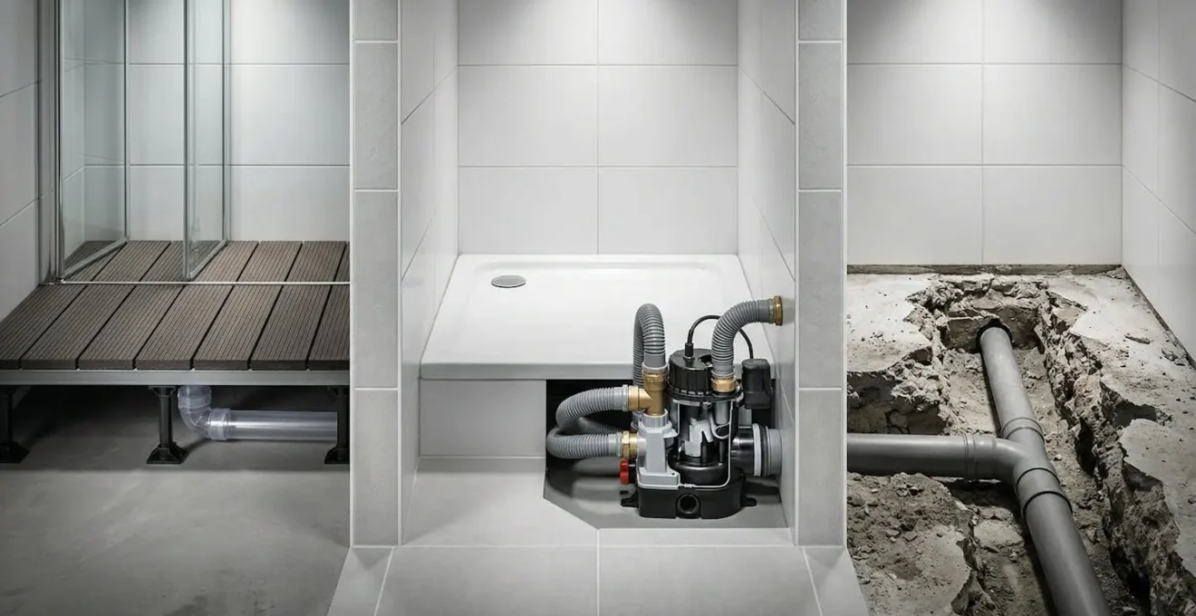 Coupe technique montrant les alternatives au décaissement de dalle pour l'installation d'une douche