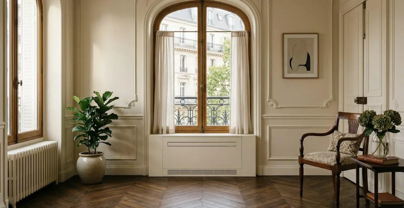 Console de climatisation basse intégrée discrètement sous une fenêtre dans un salon élégant