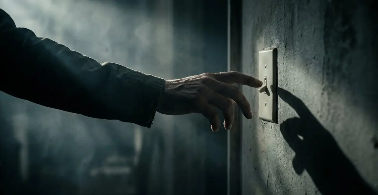 Vue latérale d'une main s'approchant d'un interrupteur mural dans une atmosphère vaporeuse suggérant la présence de gaz