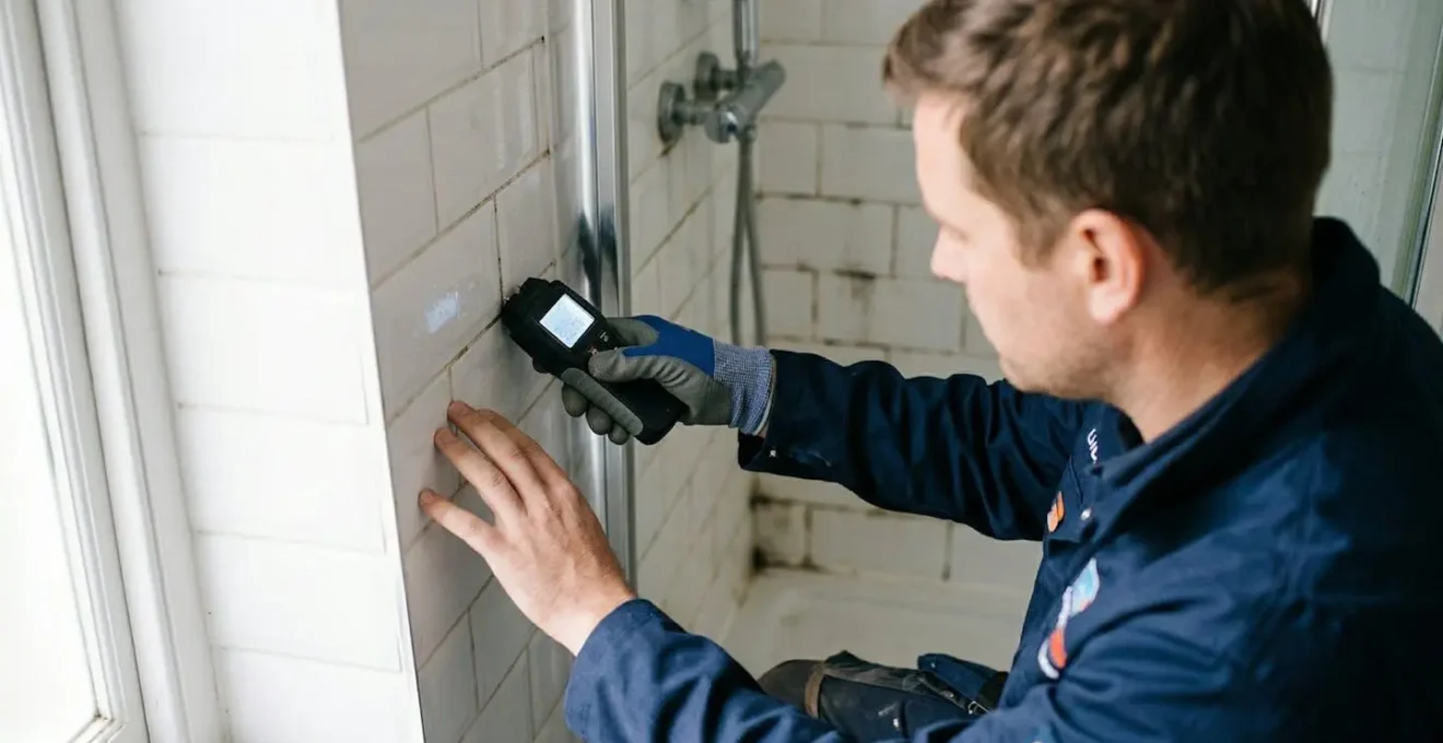 Diagnostic d'humidité sur carrelage de douche avec humidimètre professionnel