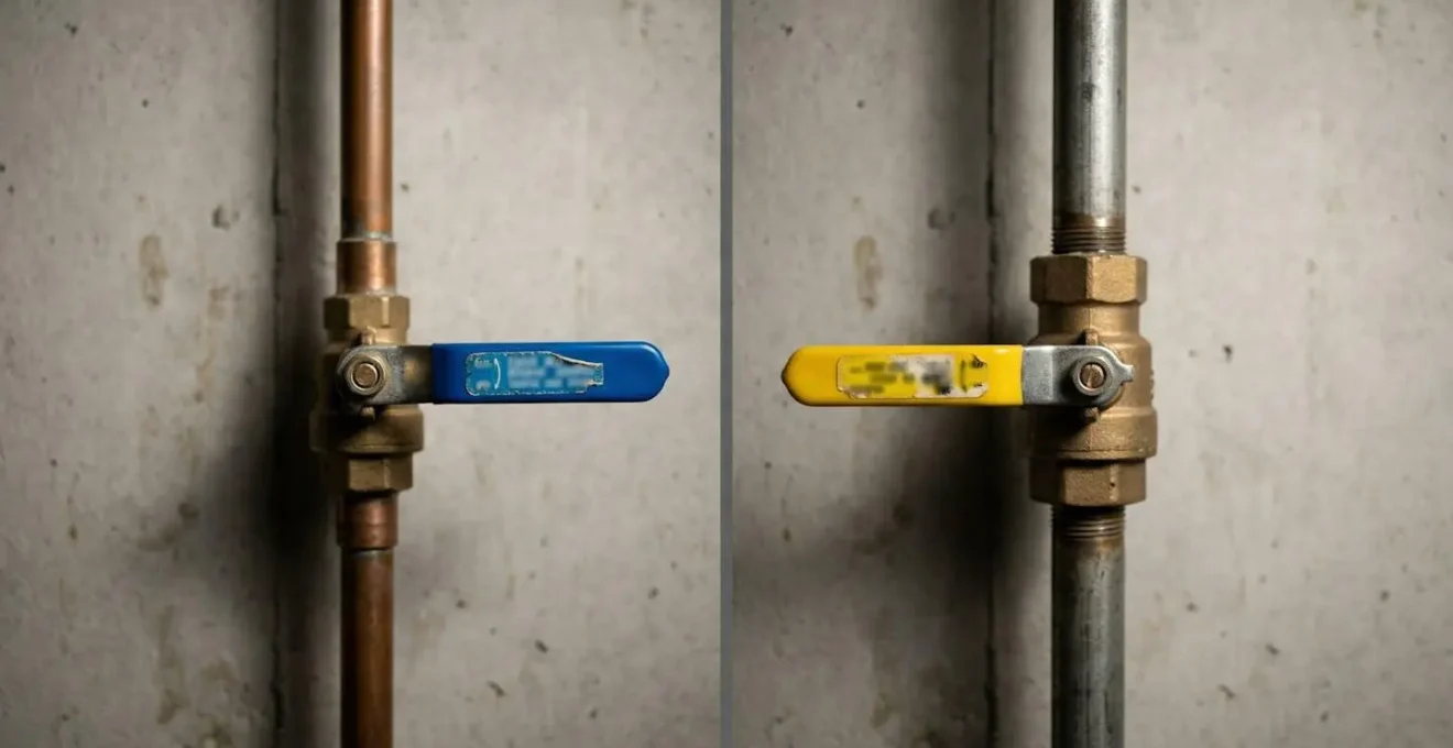 Vue comparative de deux vannes côte à côte, une bleue pour l'eau et une jaune pour le gaz, avec étiquettes colorées
