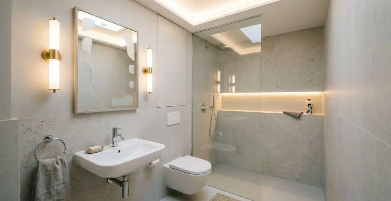 Système d'éclairage en trois couches dans une petite salle de bain sans fenêtre