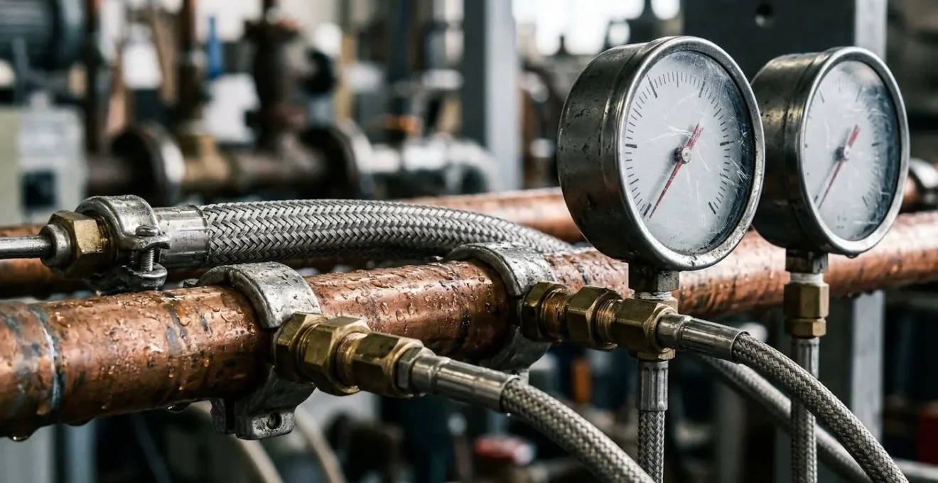 Technicien RGE mesurant la température de retour sur un radiateur avec un thermomètre différentiel professionnel