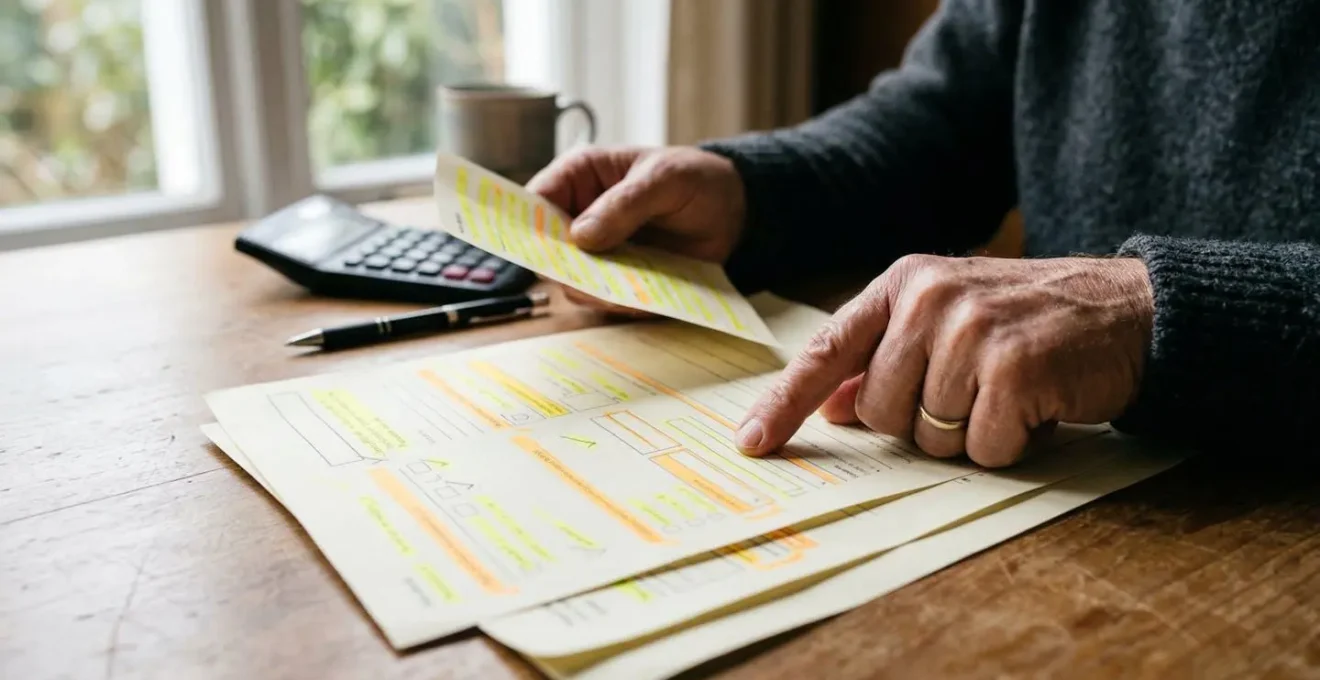 Mains d'une personne en train d'analyser attentivement une facture de plomberie avec une calculatrice.