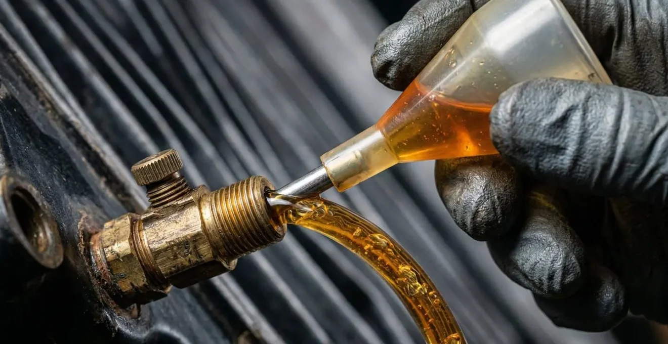 Professionnel injectant un inhibiteur de corrosion dans un circuit de chauffage via le purgeur d'un radiateur