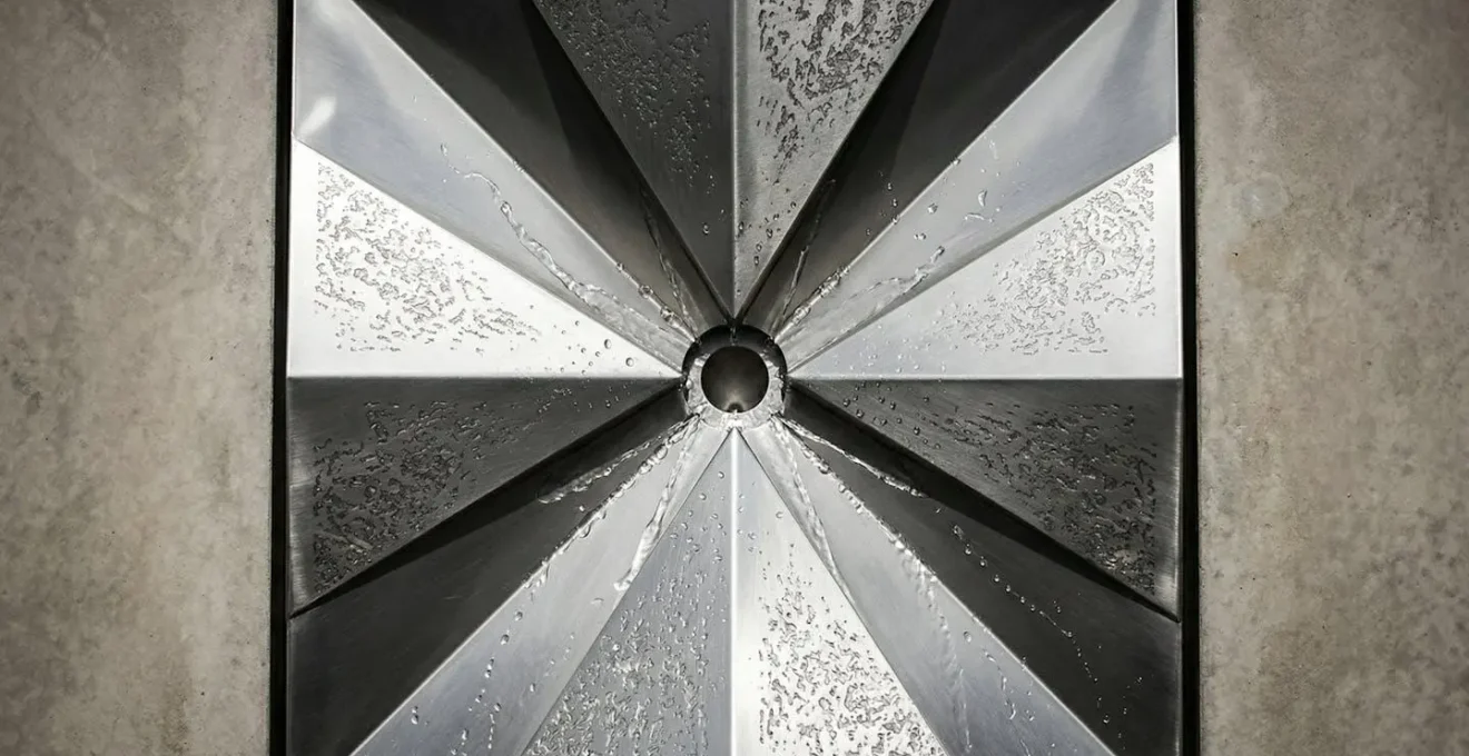 Vue technique en plongée d'une pente en pointe de diamant avec quatre plans inclinés convergeant vers la bonde centrale