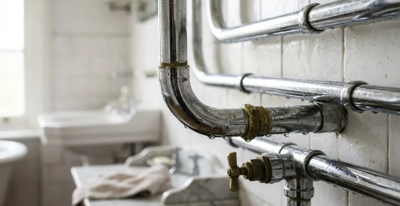 Tuyaux de plomberie en cuivre chromé apparents dans une salle de bain au style industriel