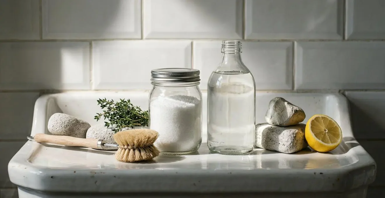 Produits naturels pour le détartrage des WC disposés sur une surface de salle de bain