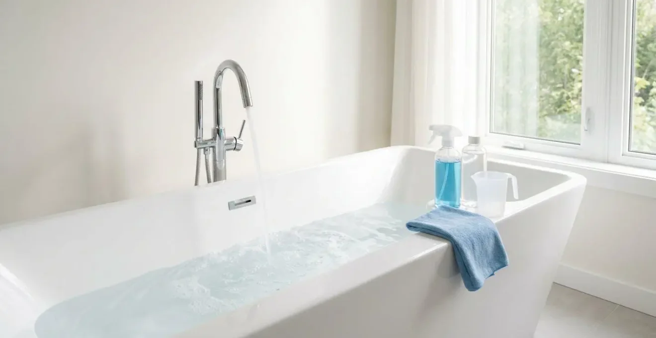 Processus de désinfection d'une baignoire balnéo avec produits et matériel nécessaires