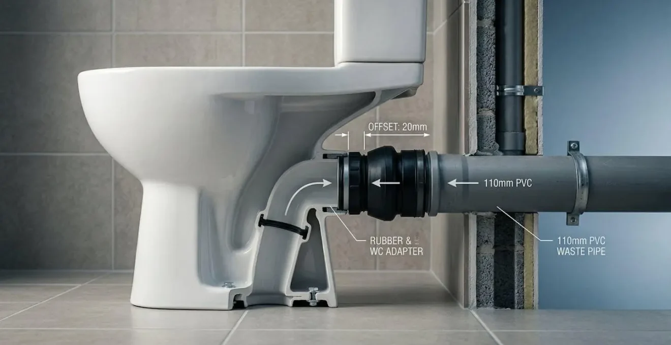 Vue en coupe d'un système de raccordement avec pipe excentrée entre WC et évacuation murale
