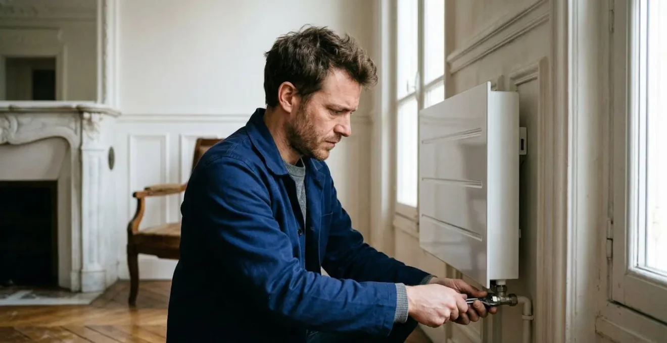 Radiateurs modernes installés dans un appartement haussmannien rénové avec moulures préservées