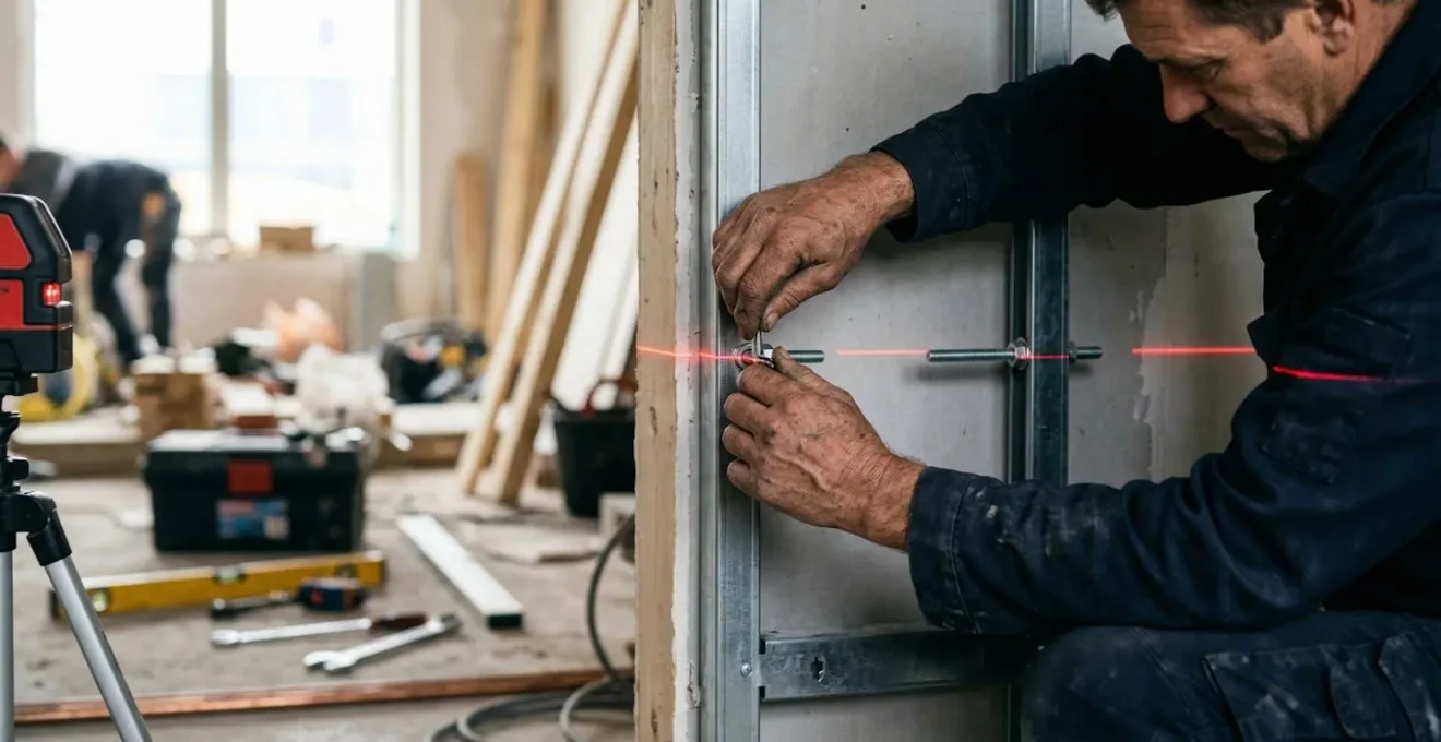 Schéma technique montrant le trait de niveau pour régler la hauteur d'un WC suspendu avant pose du carrelage