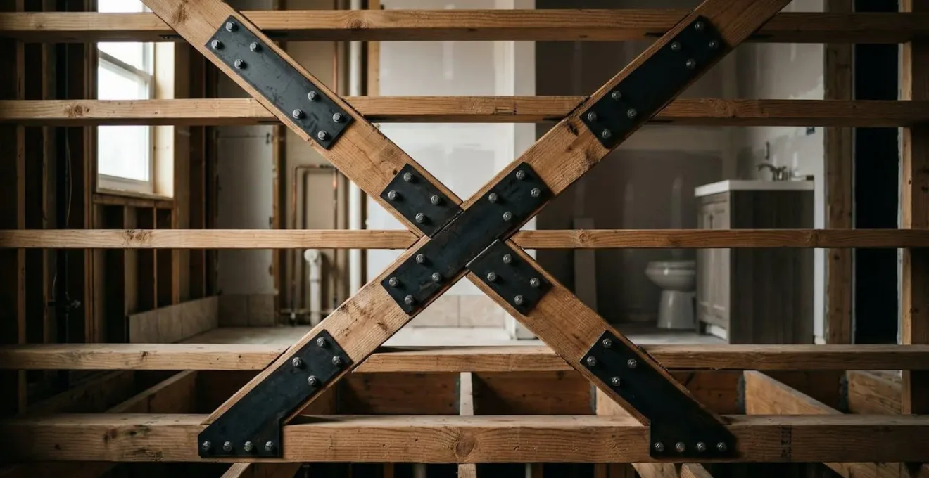 Vue en coupe d'un renforcement de plancher bois pour installation de robinet sur colonne