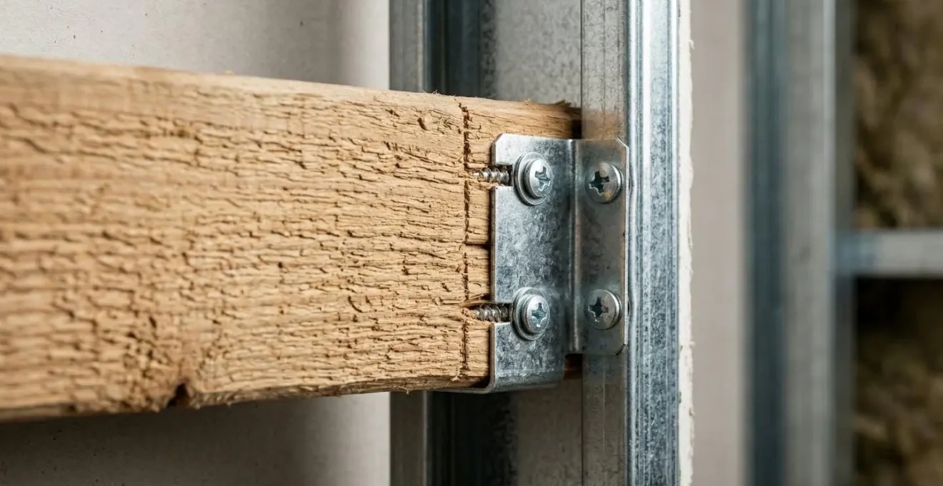 Vue détaillée d'un renfort par chevêtre en bois massif intégré dans une ossature métallique de cloison placo