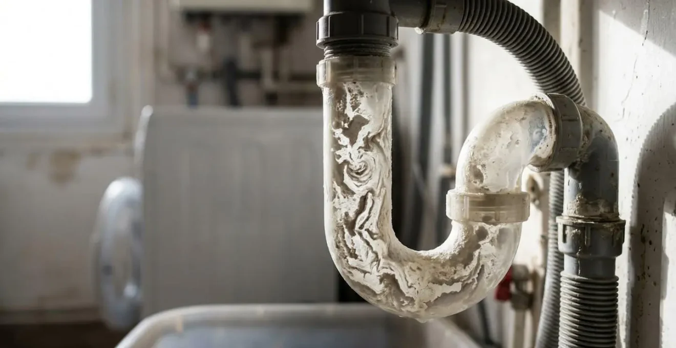 Vue détaillée d'un siphon de condensats de chaudière avec traces de calcaire