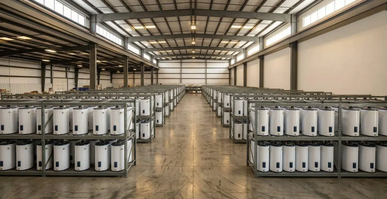 Vue d'ensemble d'un entrepôt de grossiste en plomberie avec rangées de chauffe-eau