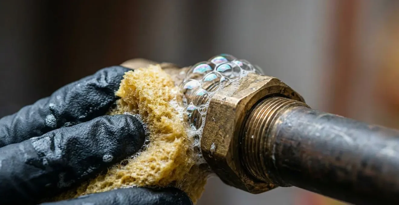 Gros plan sur une main appliquant de l'eau savonneuse sur un raccord de gaz avec formation de bulles