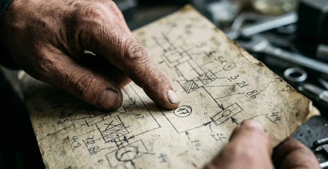 Schéma technique en vue éclatée d'une chaudière avec pièces numérotées et mains d'expert pointant une référence